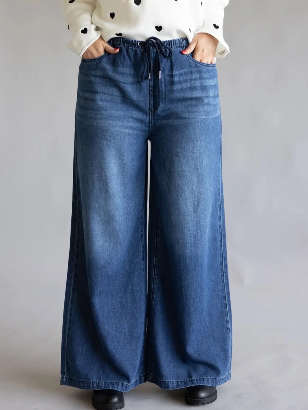 Wide Leg Drawstring Women’s Jeans - Blue